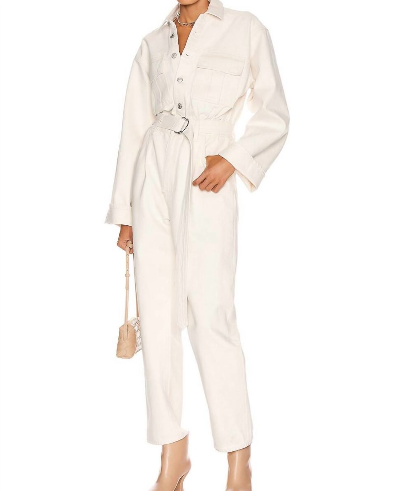 Front of a model wearing a size L Tatum Jumpsuit In Paper in Paper by AGOLDE. | dia_product_style_image_id:347313